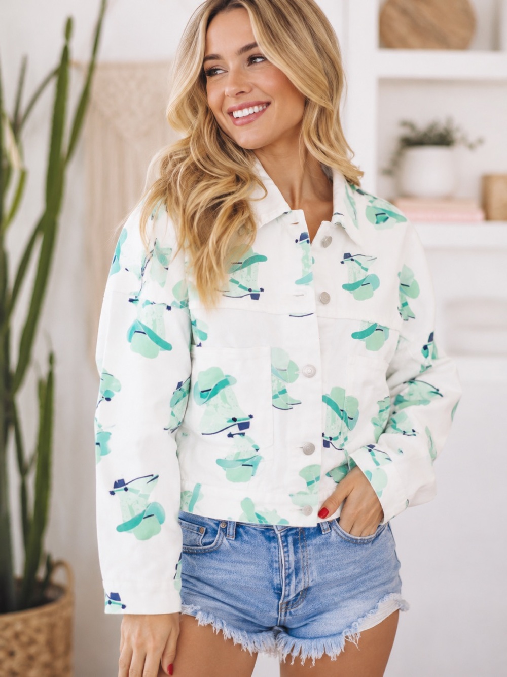Women's Printed White Button Jacket with Mint Green Floral